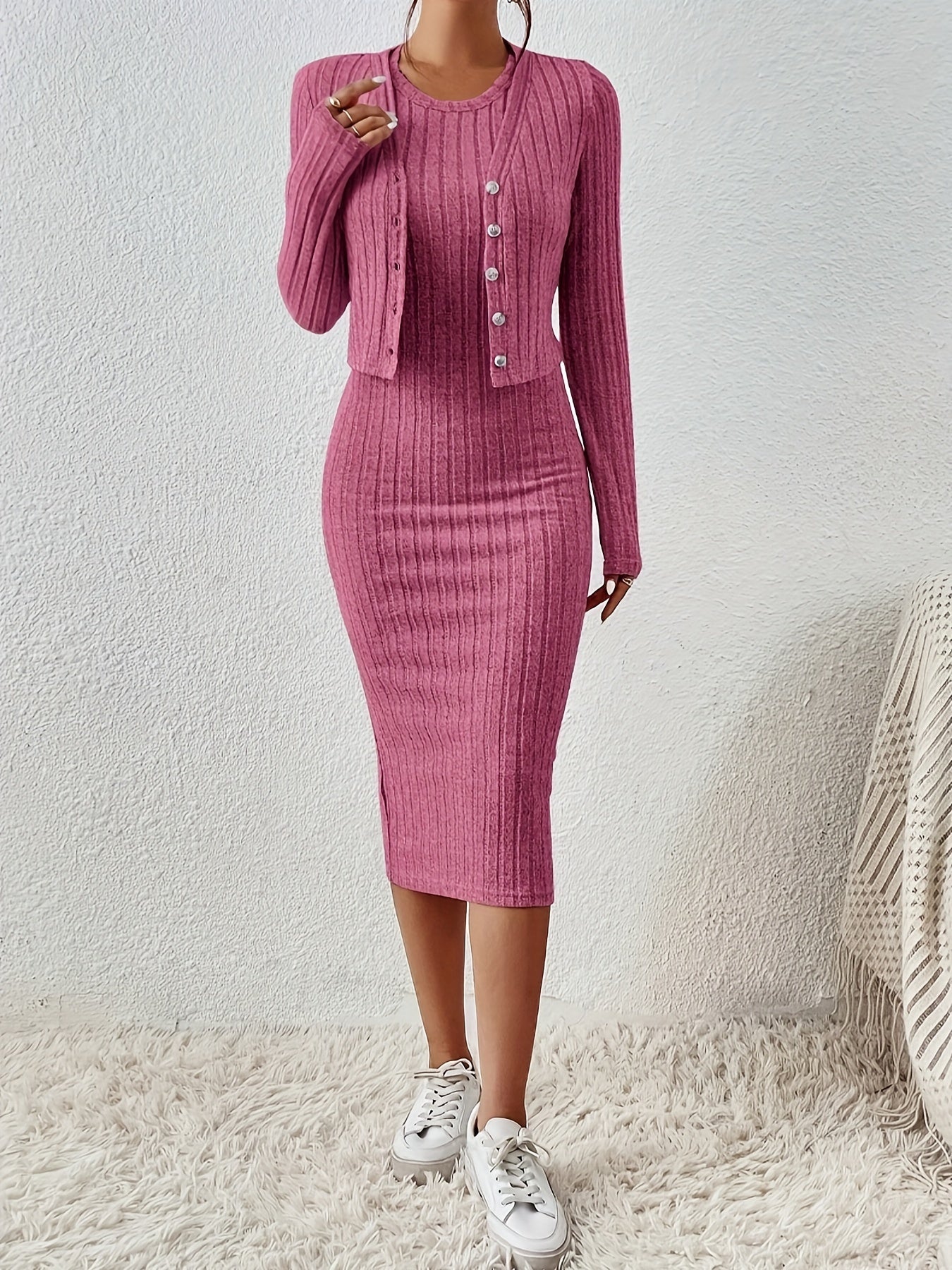 Jayden Two-Piece Set | Elegant Ribbed Knit Dress with Cardigan