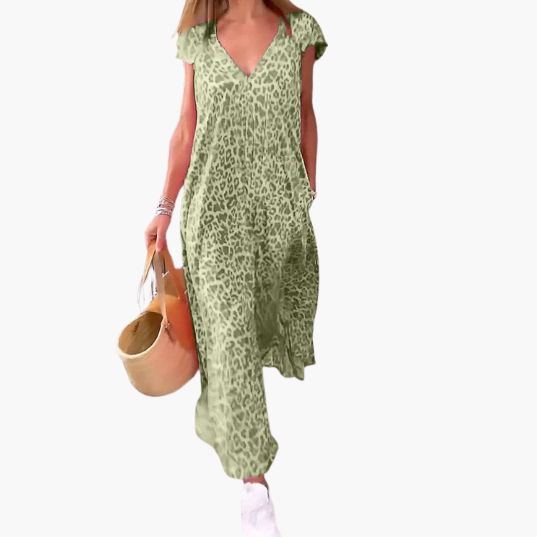 Amelia Midi Dress | Women’s Leopard Print V-Neck Midi Dress with Loose Fit