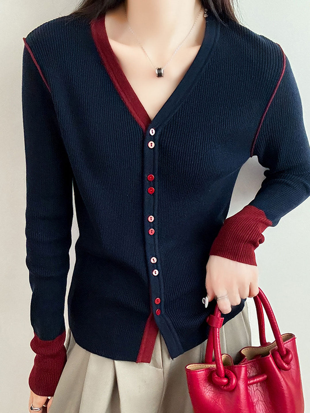 June Cardigan | Women's Classic V-Neck Colorblock Knitted Cardigan