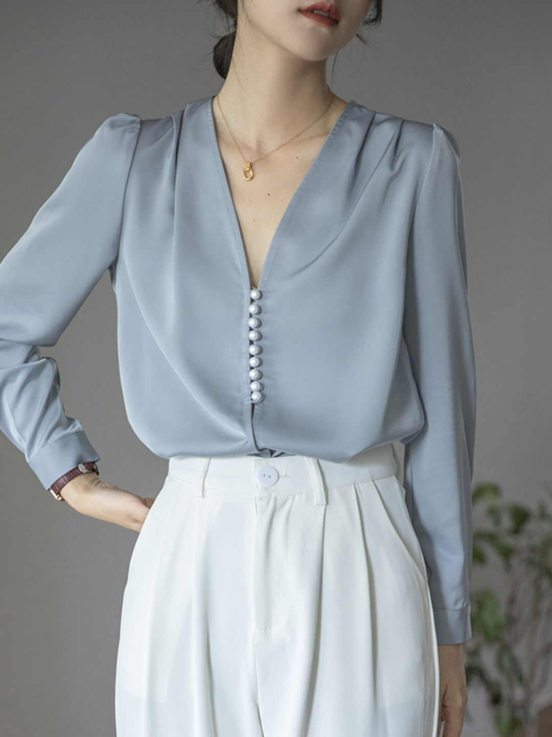 Judith Blouse | Elegant French V-Neck Button Blouse