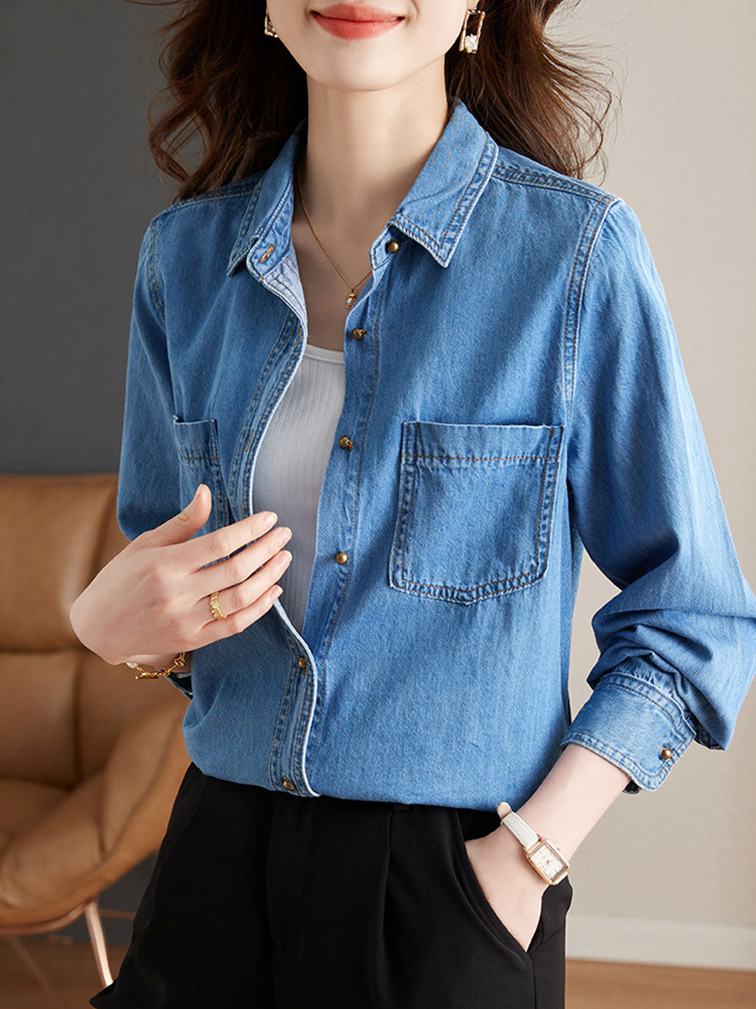 Jayda Shirt | Casual Lapel Button-Up Denim Shirt