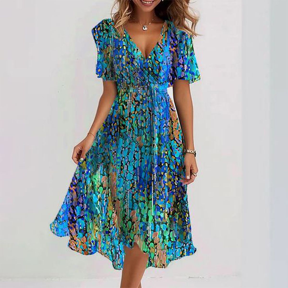 Baila Dress | Sleeveless Blue Midi Dress for Women with Deep V-Neckline and Flowy Fit