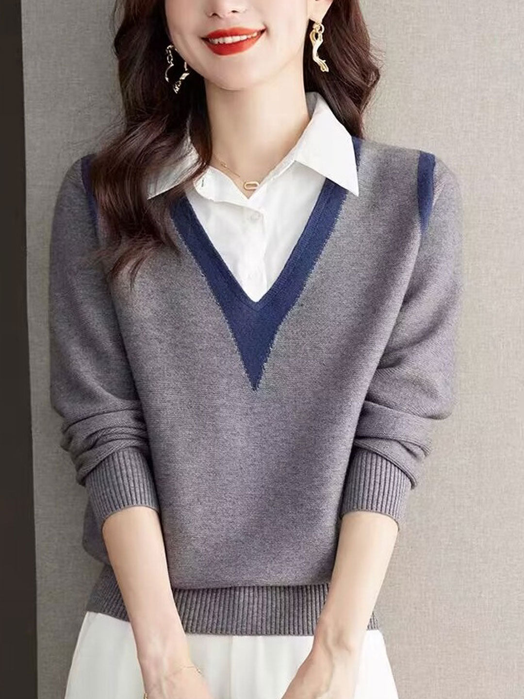 Jemma Sweater | Casual V-Neck Contrast Collar Sweater