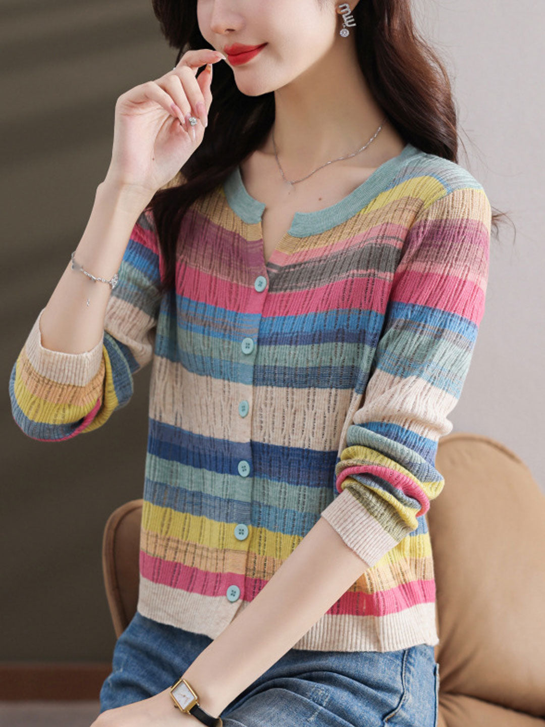 Jalene Women's Striped Knitted Cardigan | Classic Crew Neck Style