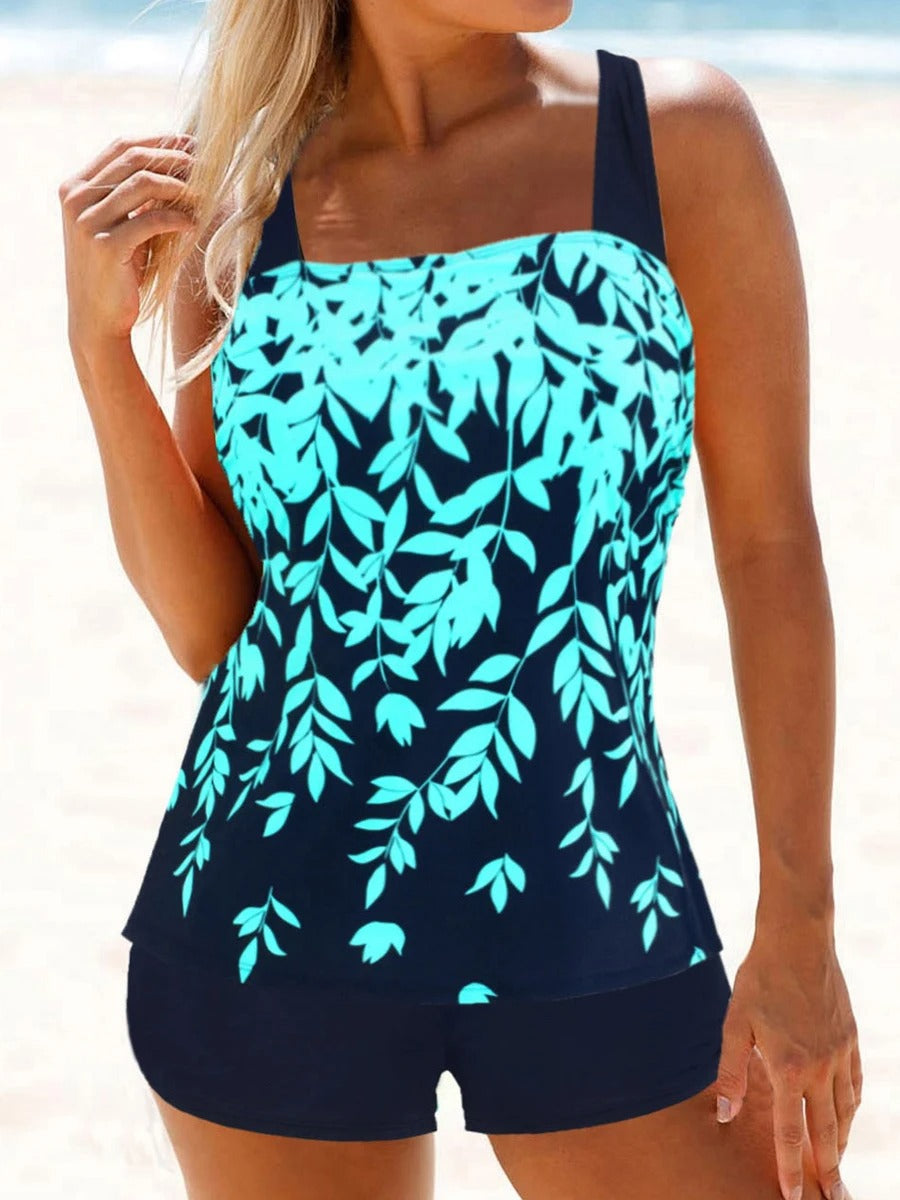 Evalisse Swim Set | Leaf Print Tankini for Women with Adjustable Straps and Matching Bottoms