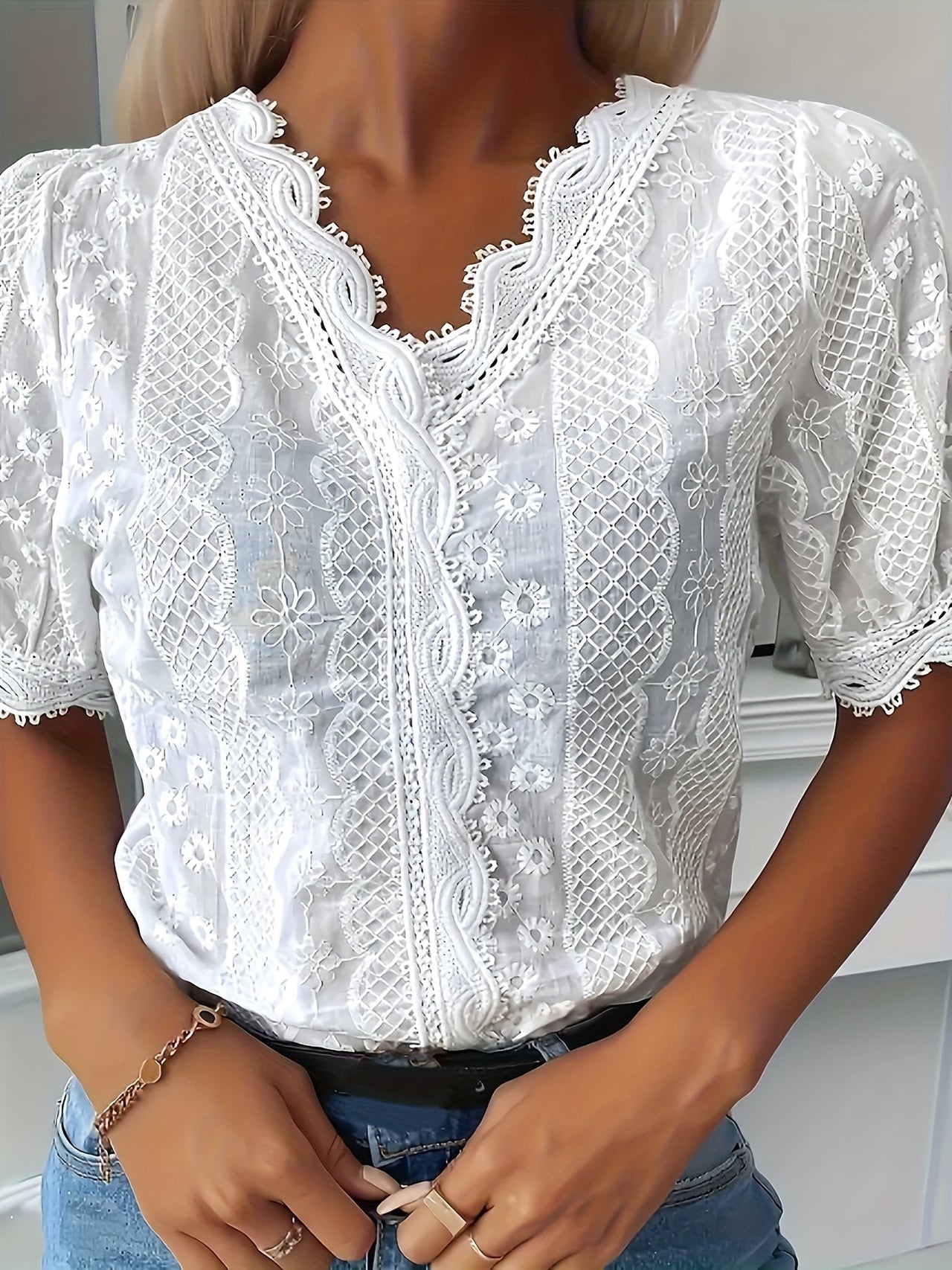 Brelaya Lace Blouse | White Embroidered V-Neck Short-Sleeve Summer Blouse
