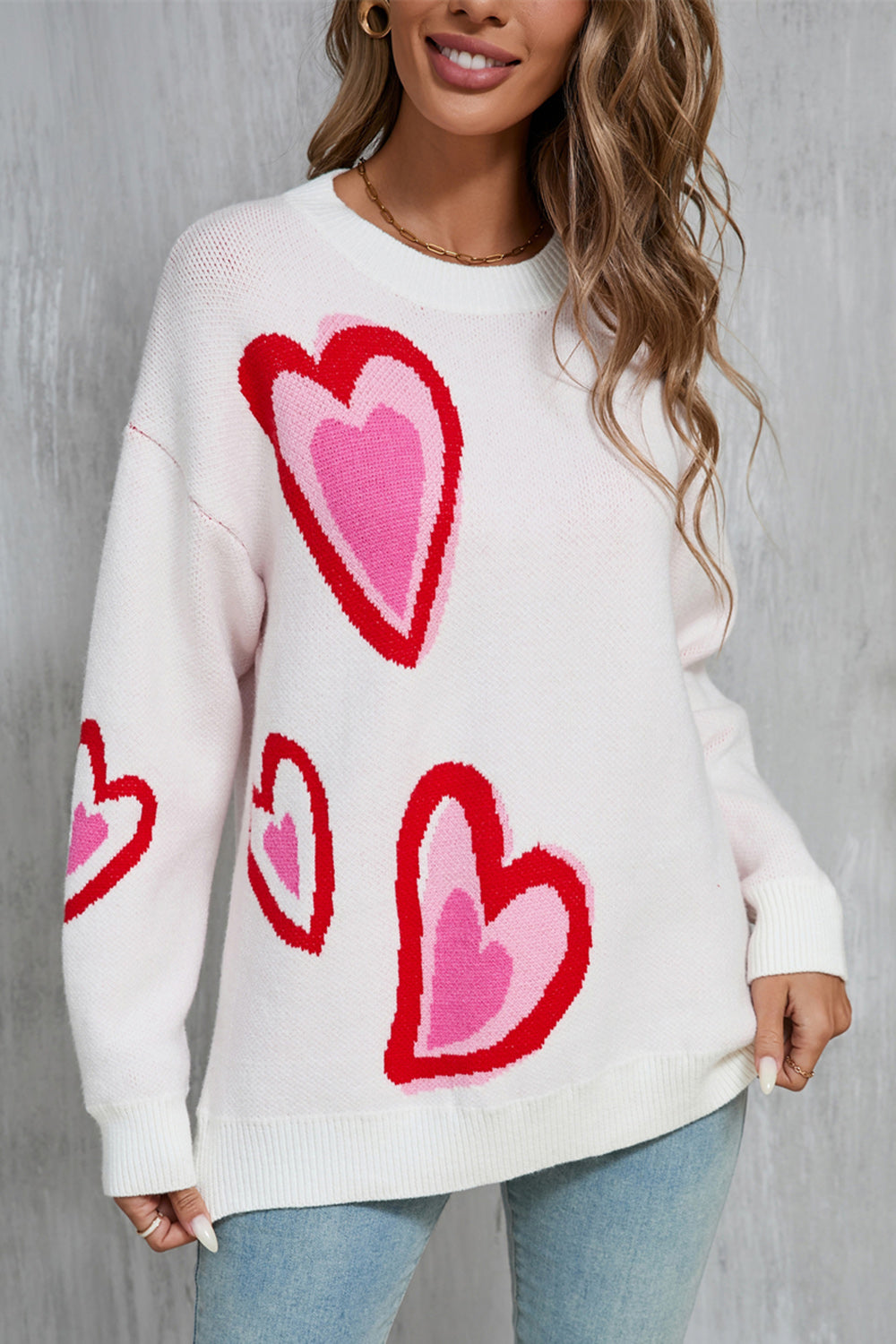 Fayruz Sweater | Heart Print Round Neck Sweater