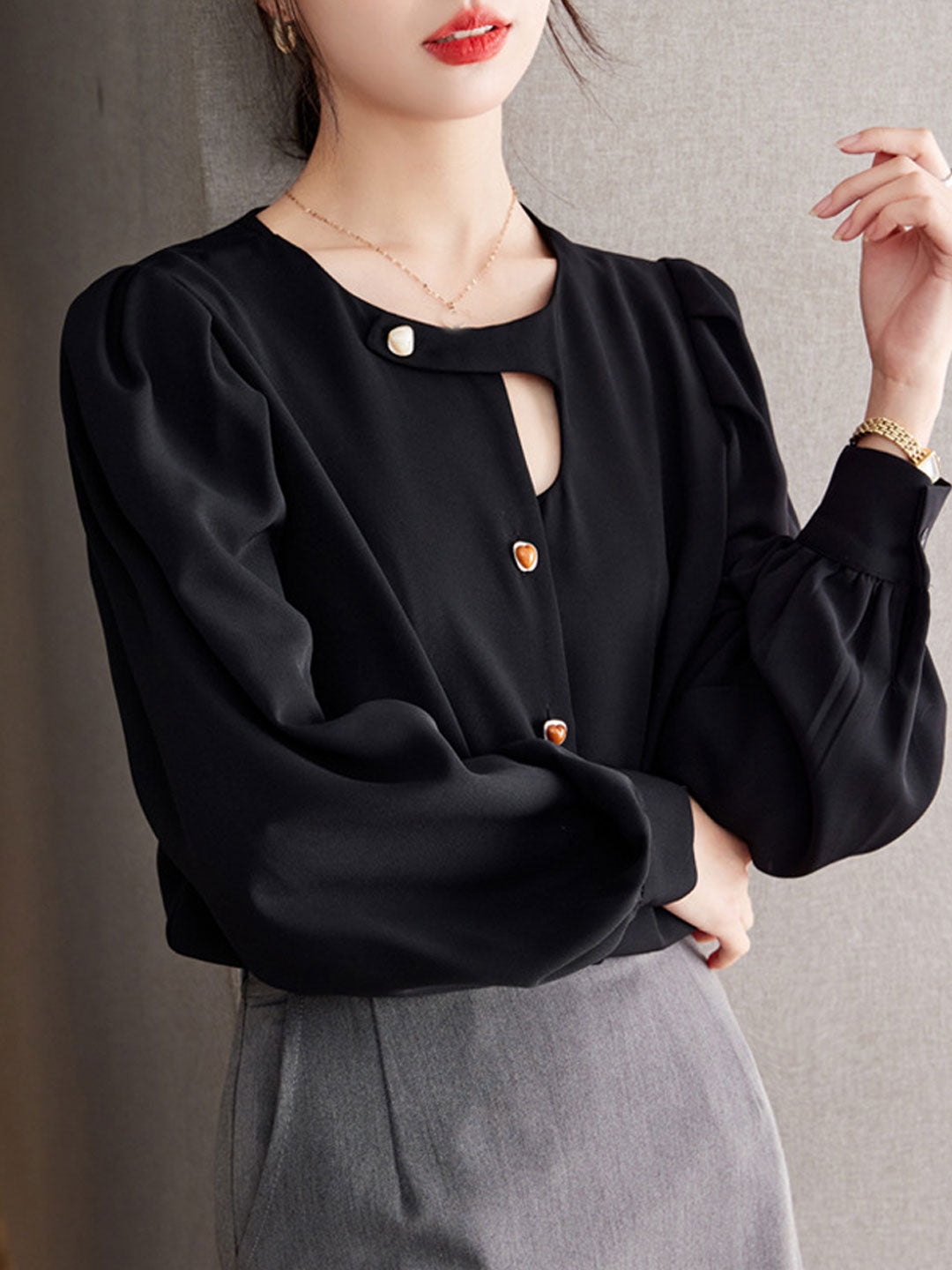 Joyce Blouse | Retro Asymmetrical Buttoned Blouse with Keyhole Detail