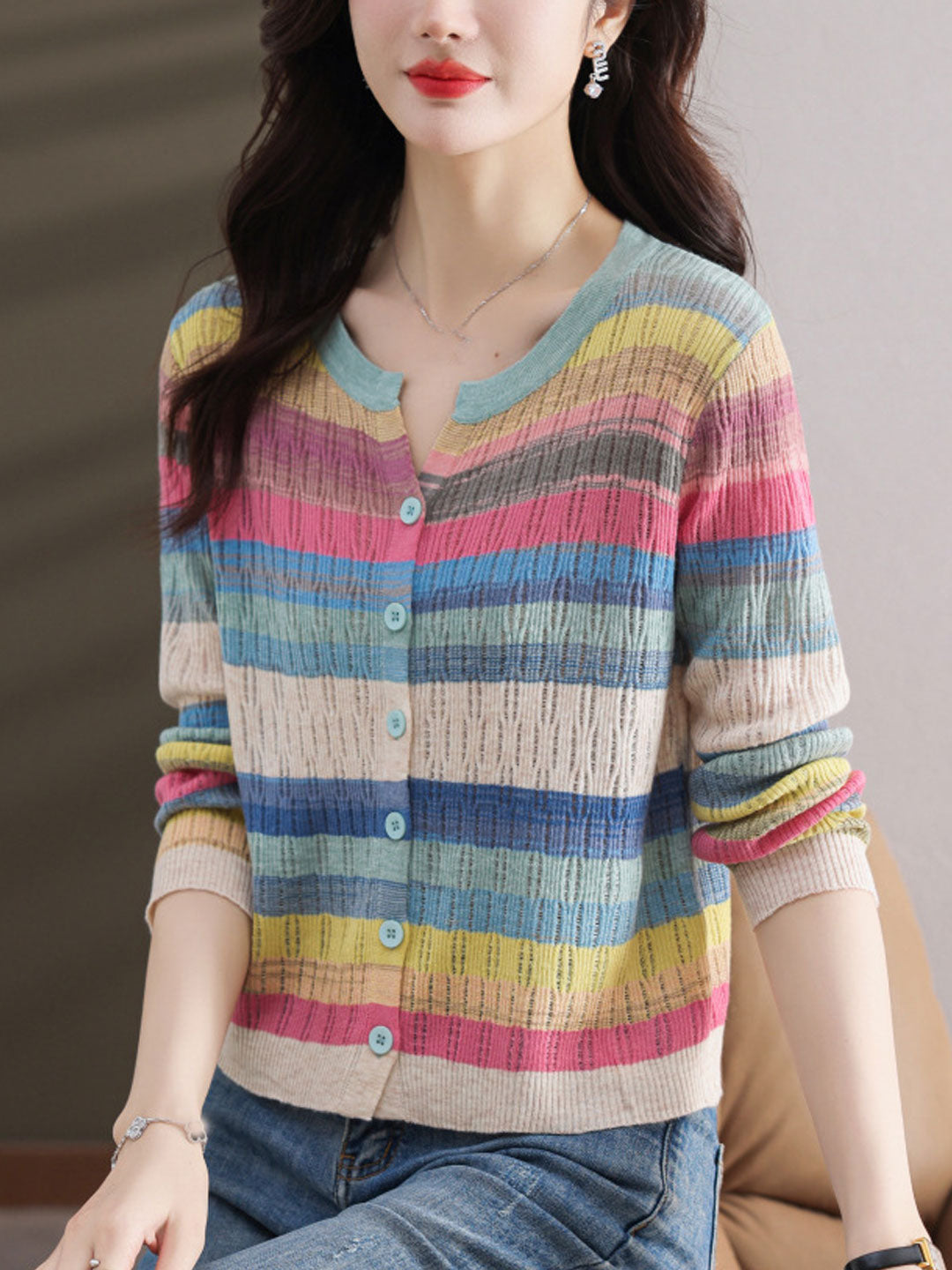 Jalene Women's Striped Knitted Cardigan | Classic Crew Neck Style