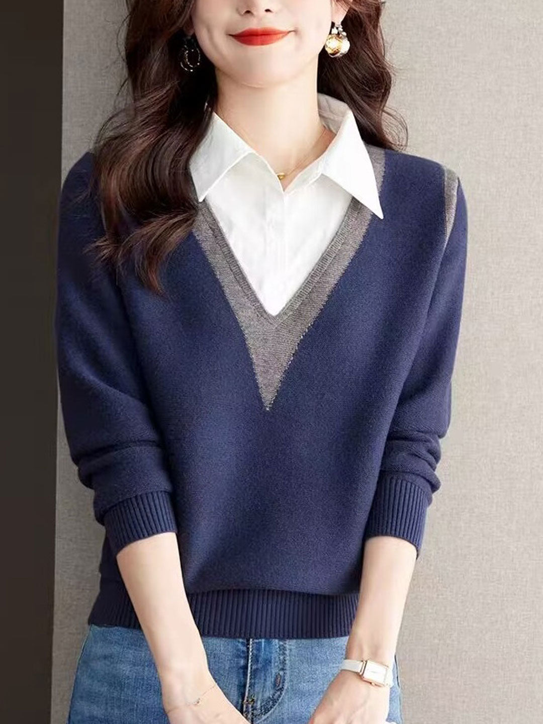 Jemma Sweater | Casual V-Neck Contrast Collar Sweater