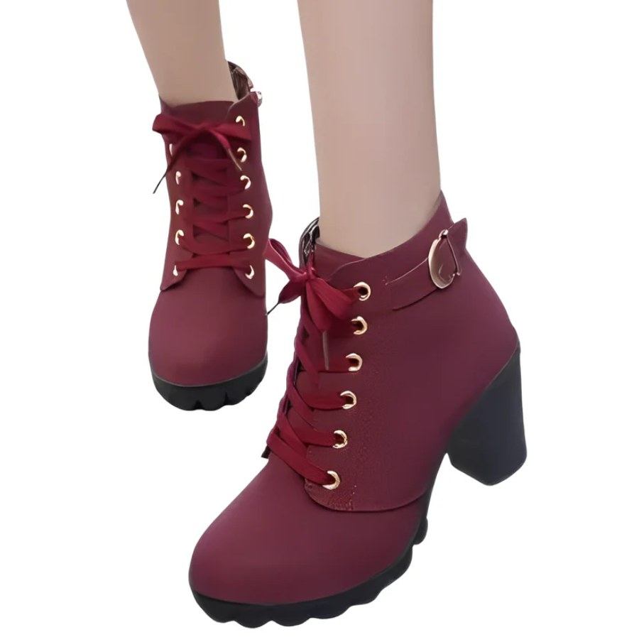 Fina High-Heeled Lace-Up Ankle Boots | Zenique Block Heel with Zipper & Thick Sole