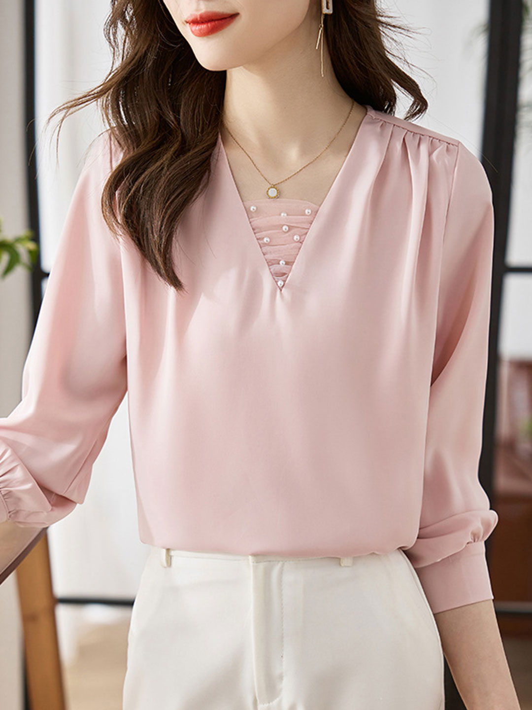 Jillian Blouse | Classic V-Neck Satin Blouse with Pearl Detail