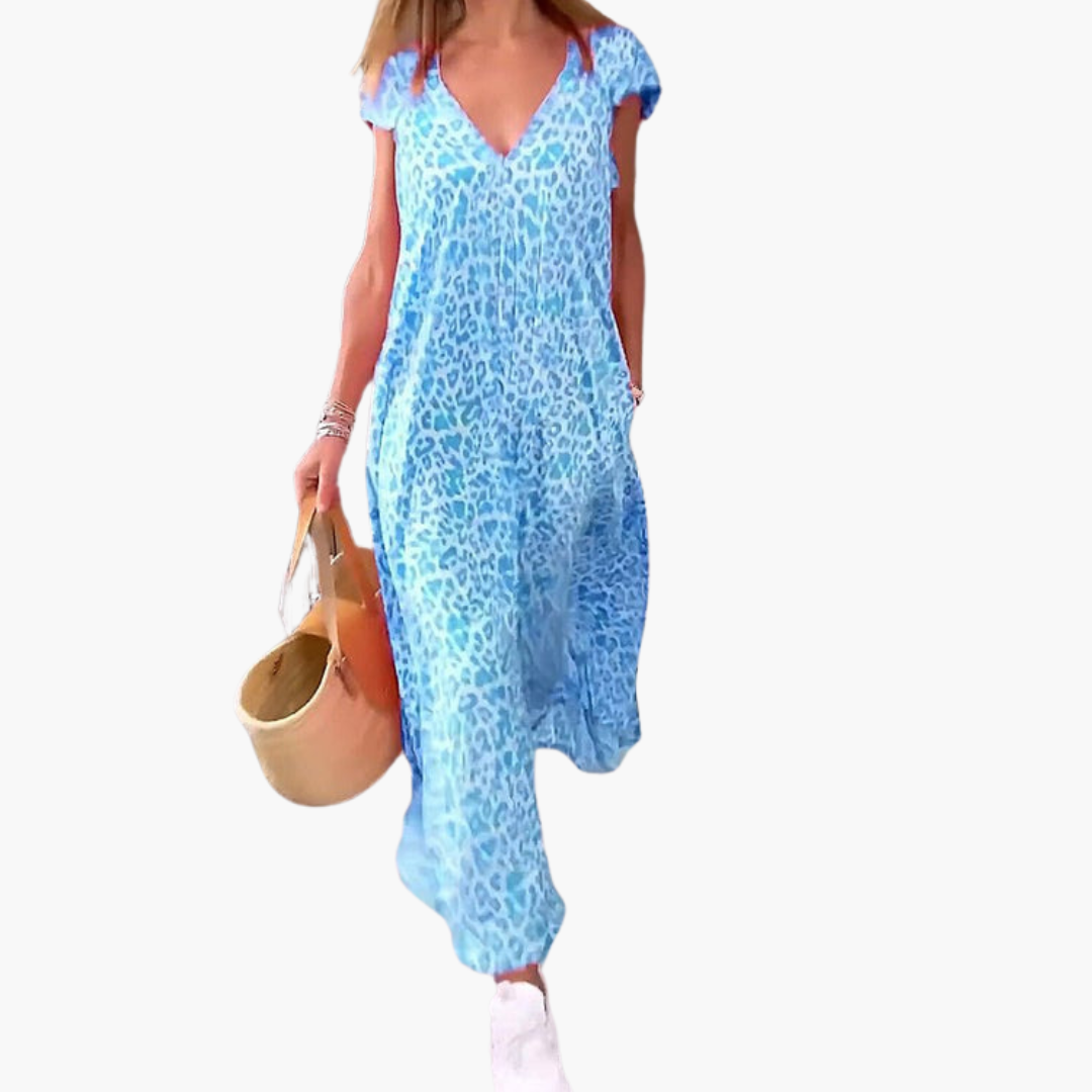 Amelia Midi Dress | Women’s Leopard Print V-Neck Midi Dress with Loose Fit