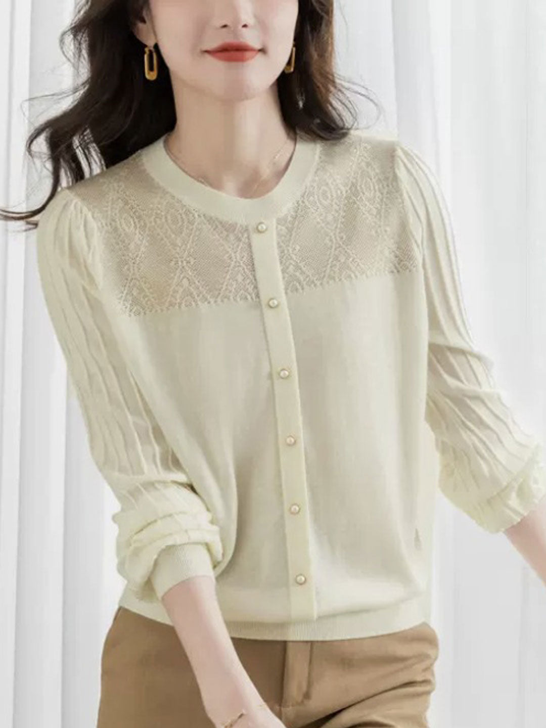 Irina Top | Elegant Lace Knit Blouse with Pleated Puff Sleeves