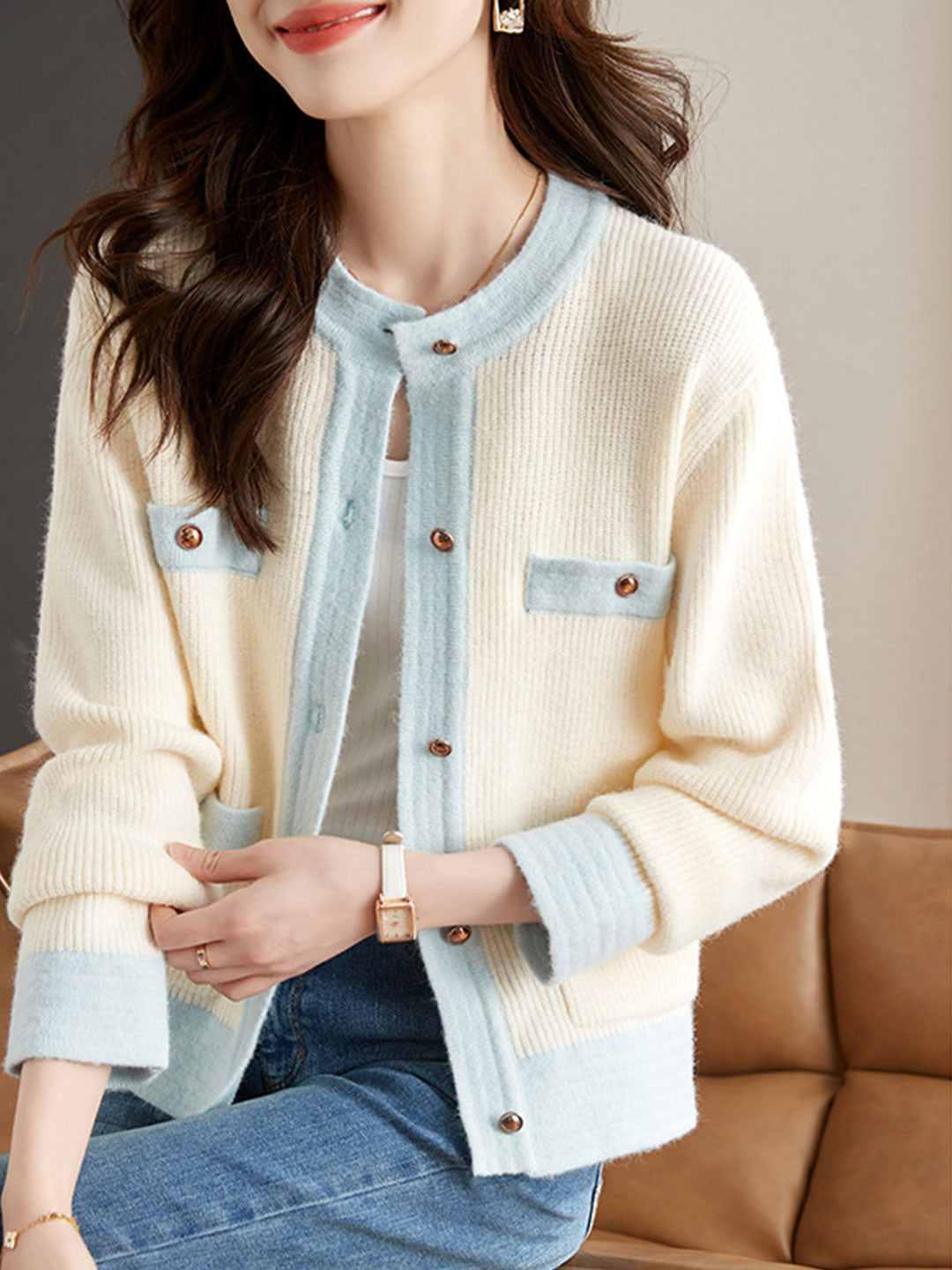 Iveta Cardigan | Classic Two-Tone Knitted Cardigan