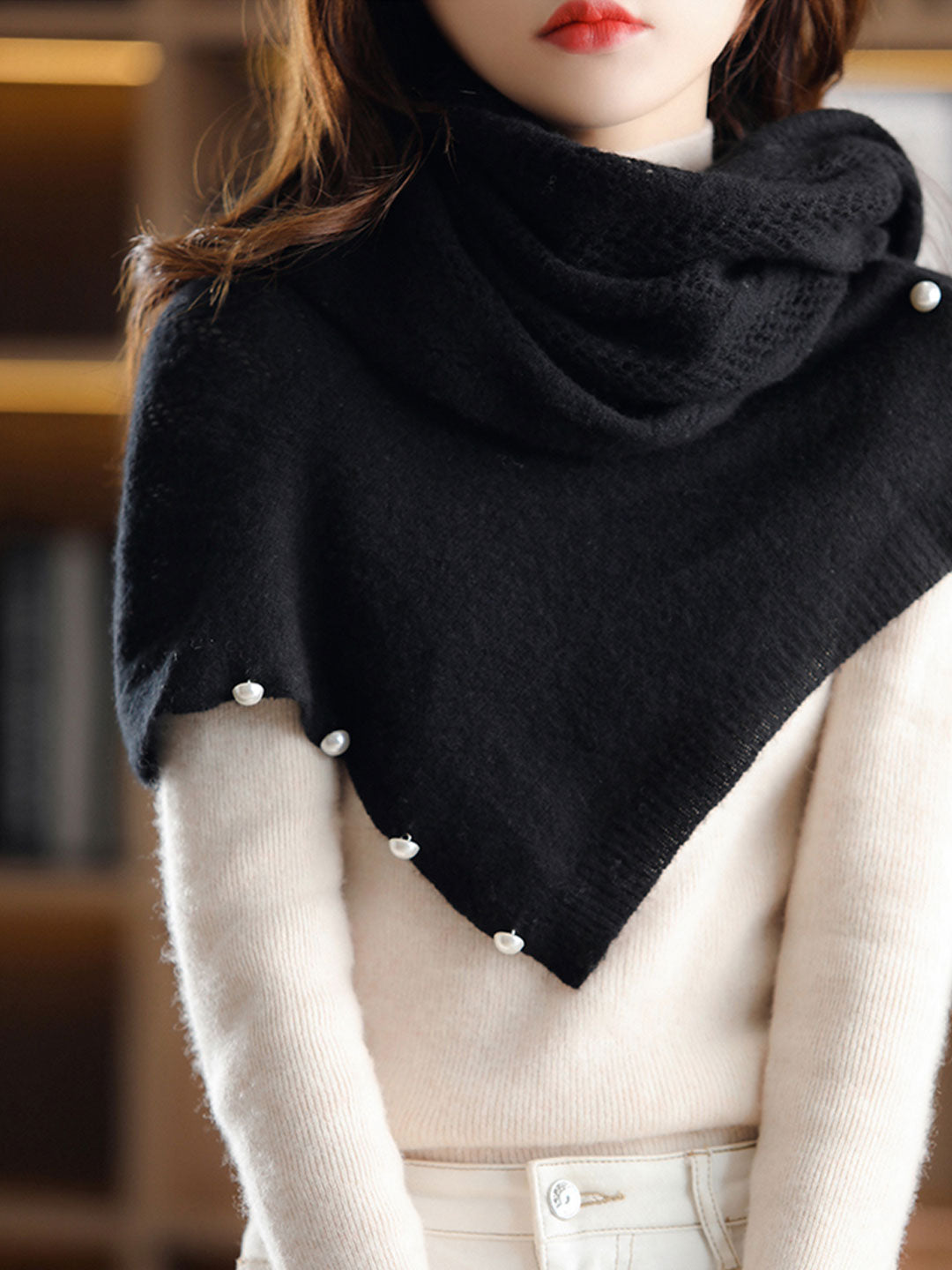 Jorja Hollowed Knit Cape Sweater | Scarf Detail