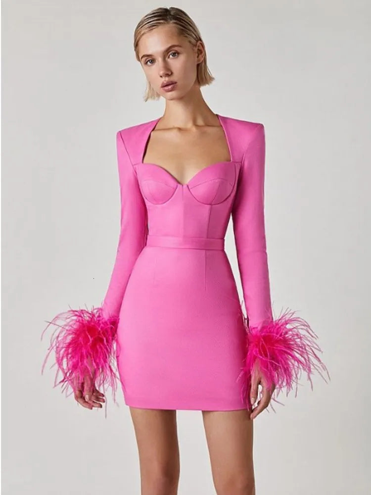 Blair Feather Dress | Women’s Long Sleeve Fitted Dress with Statement Feather Details