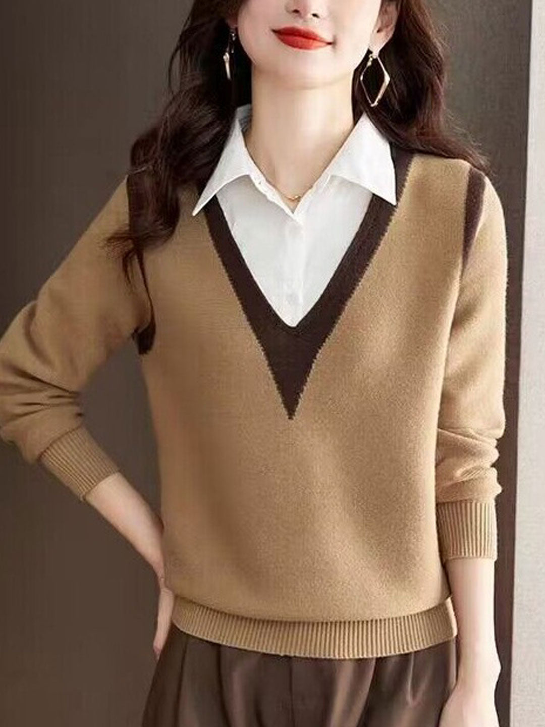 Jemma Sweater | Casual V-Neck Contrast Collar Sweater