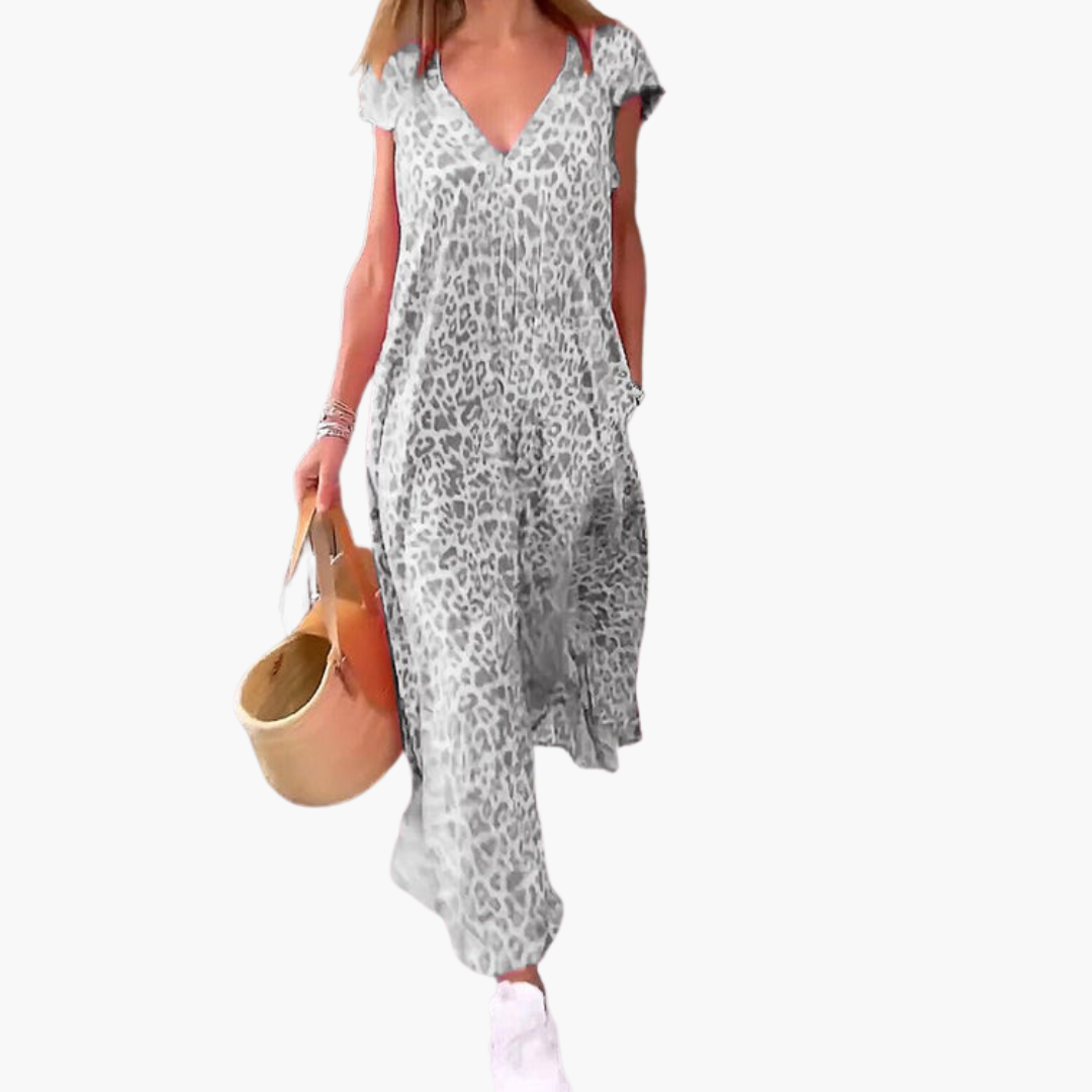 Amelia Midi Dress | Women’s Leopard Print V-Neck Midi Dress with Loose Fit