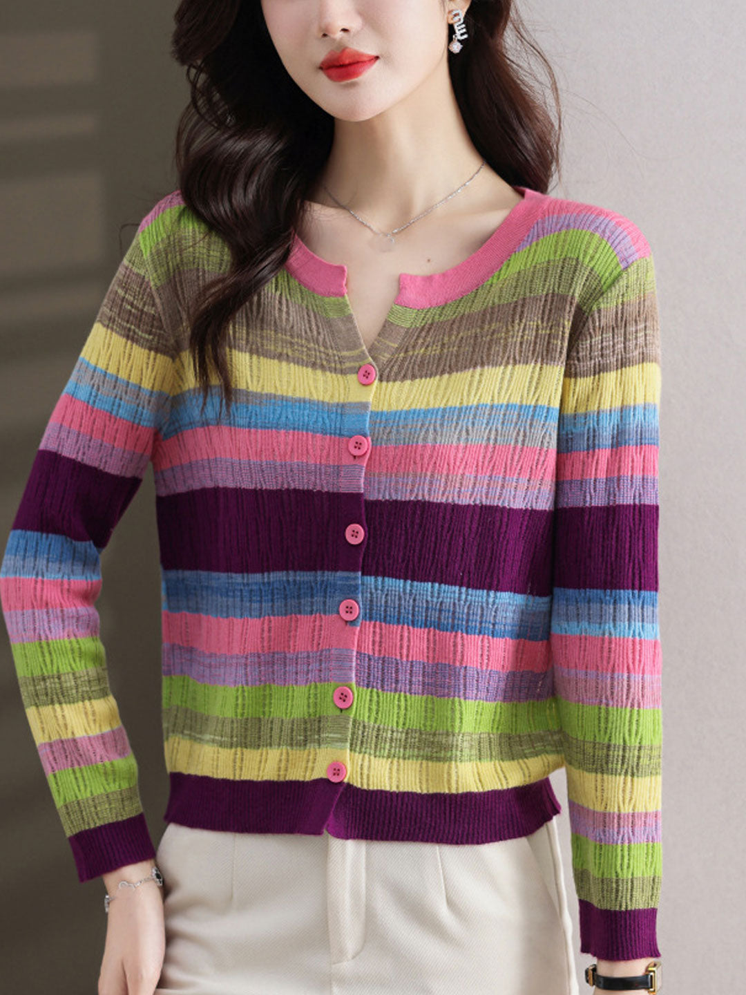 Jalene Women's Striped Knitted Cardigan | Classic Crew Neck Style