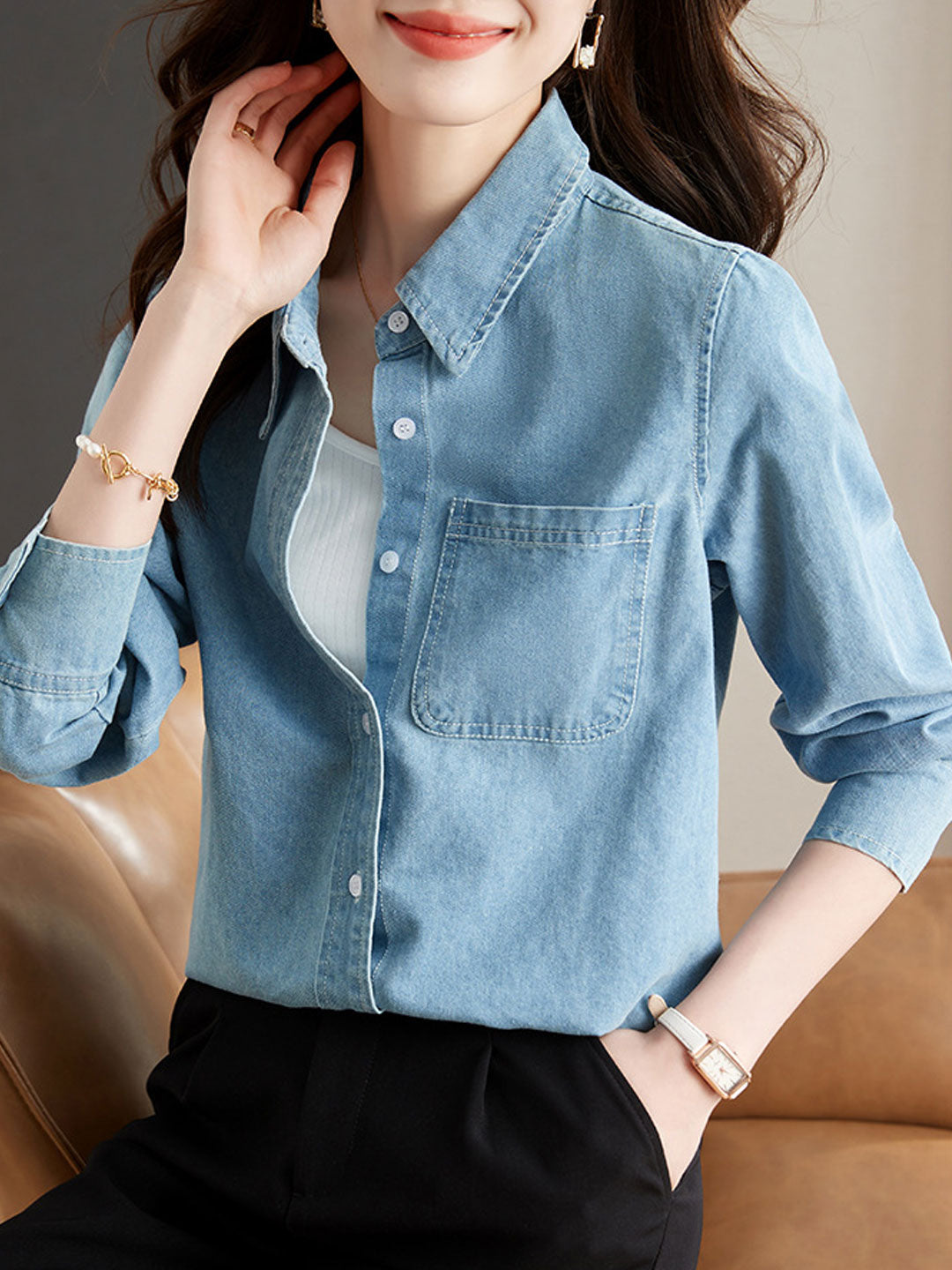 Jayda Shirt | Casual Lapel Button-Up Denim Shirt