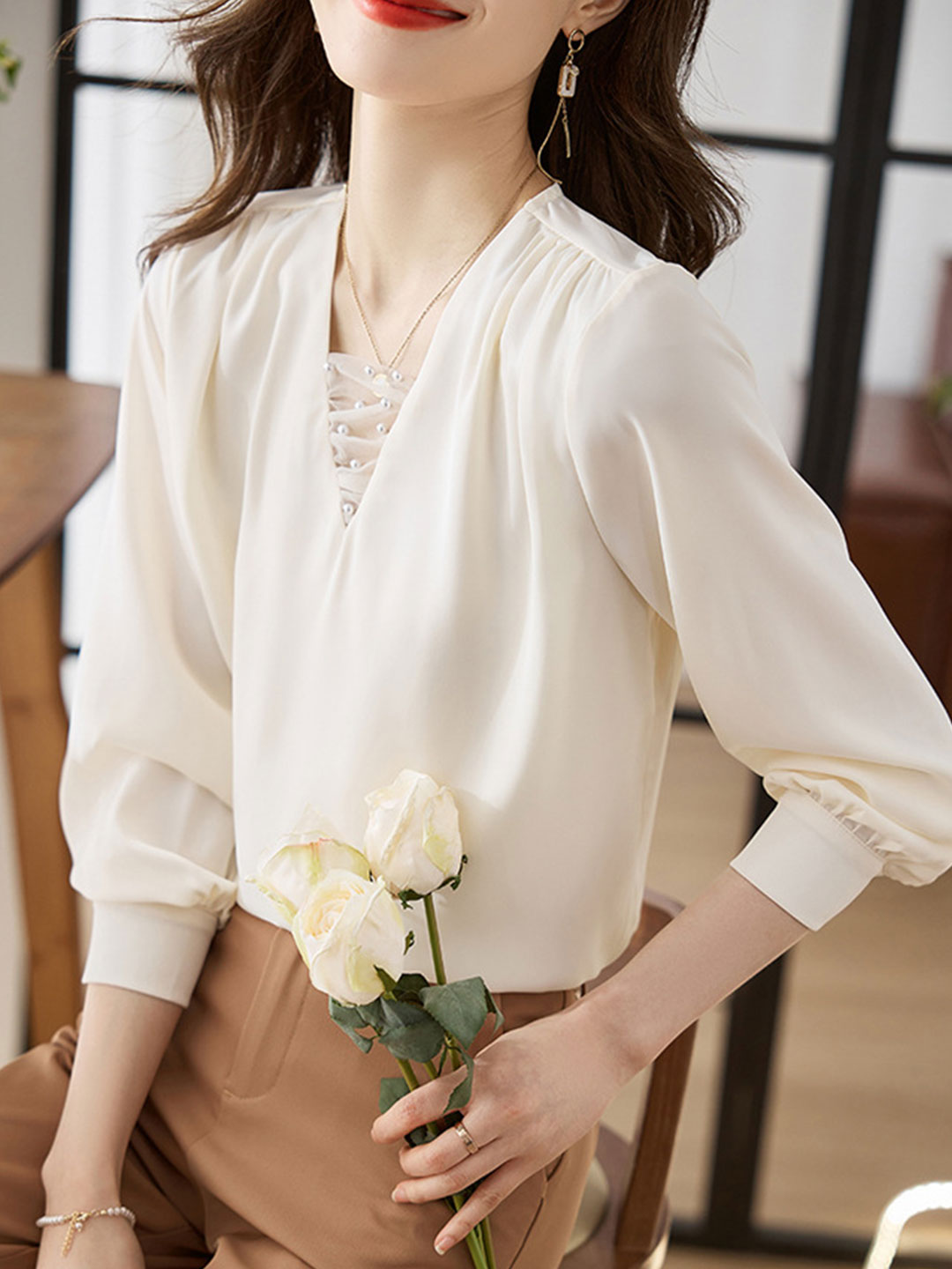 Jillian Blouse | Classic V-Neck Satin Blouse with Pearl Detail