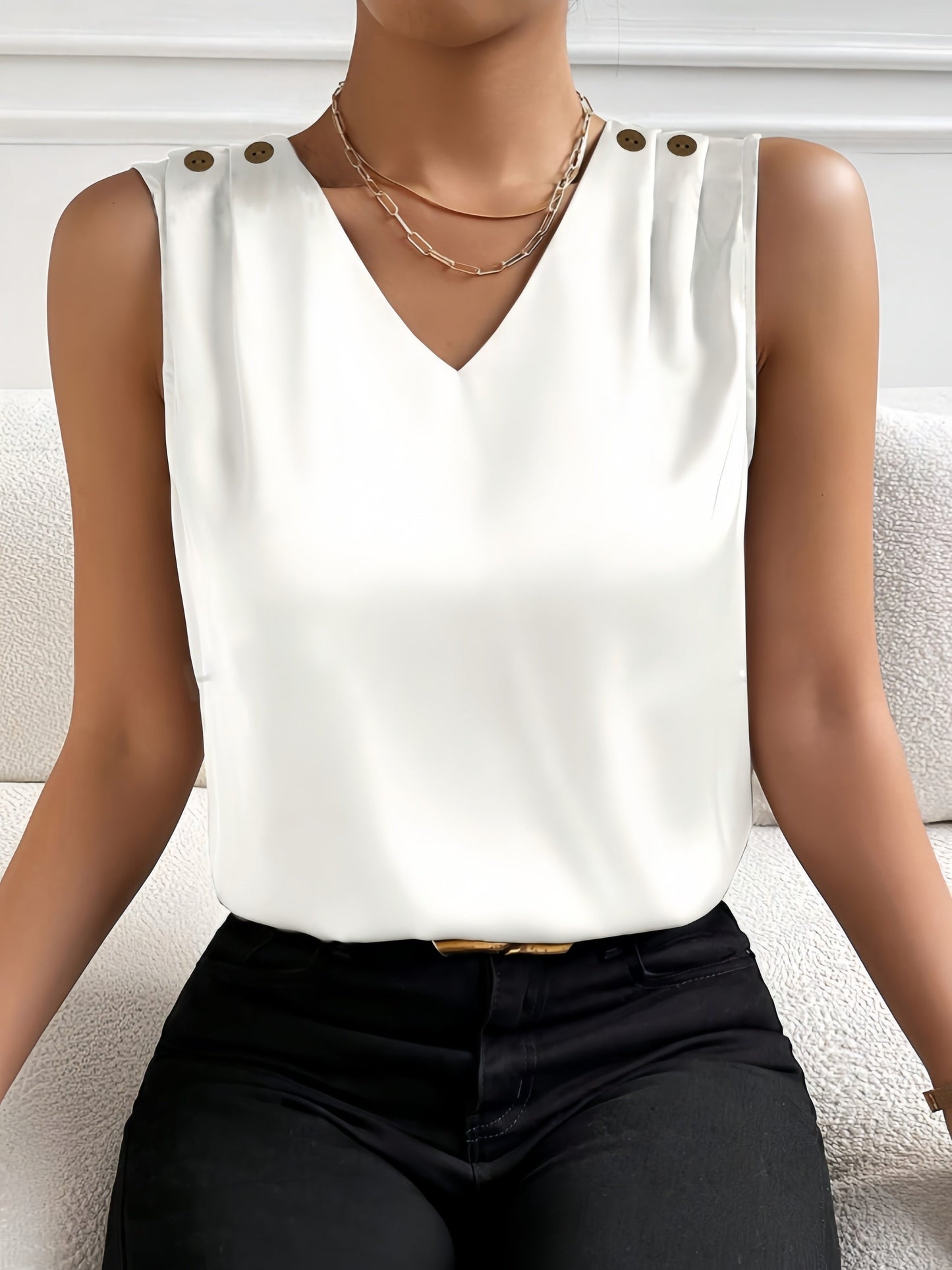 Belloura Summer Top | Sleeveless V-Neck Button Detail Blouse for Women