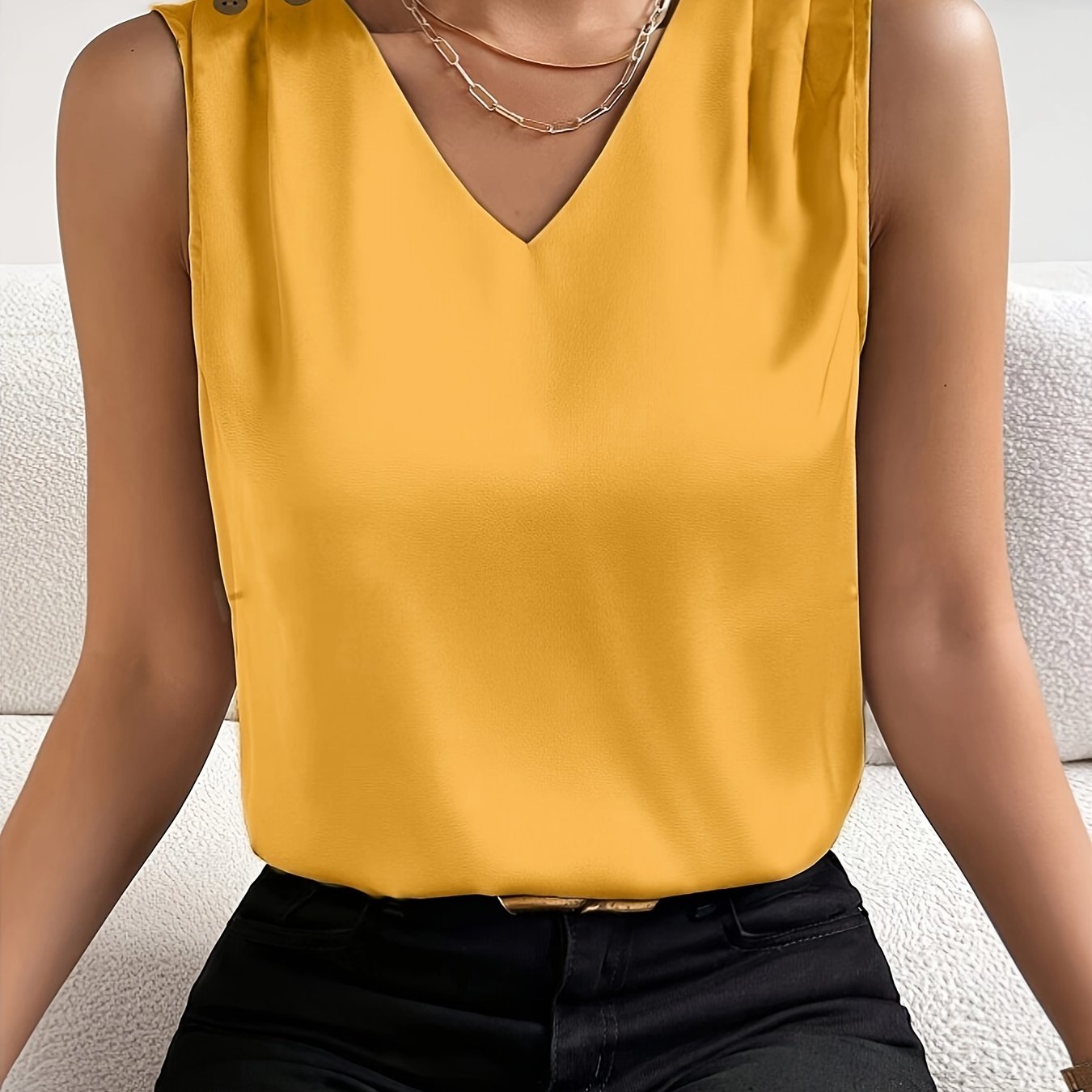 Belloura Summer Top | Sleeveless V-Neck Button Detail Blouse for Women