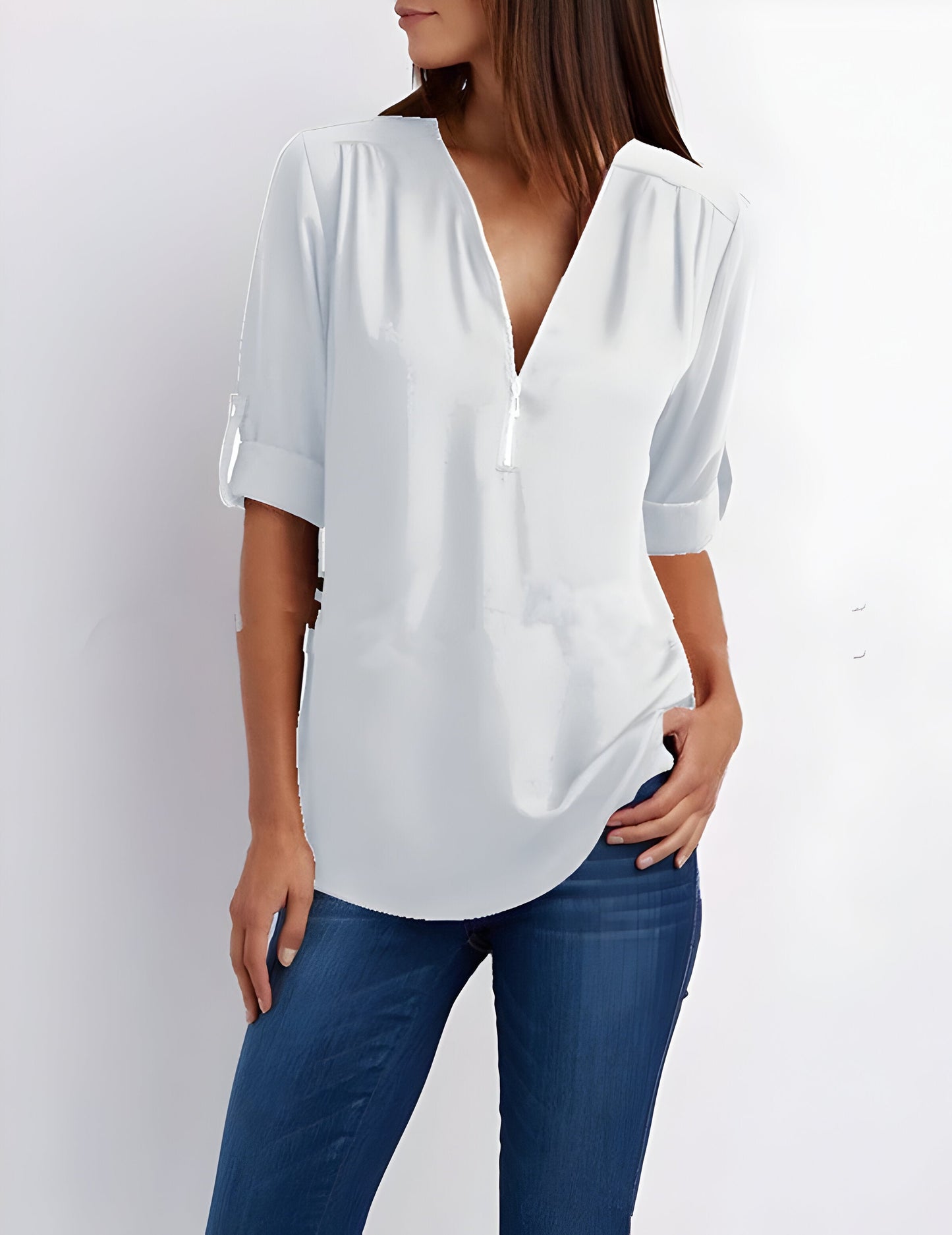 Dorelith Blouse | Structured Half-Zip Blouse with Short Sleeves and Modern Minimalist Fit