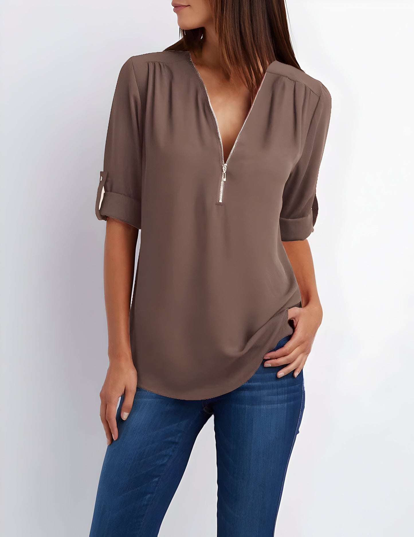 Dorelith Blouse | Structured Half-Zip Blouse with Short Sleeves and Modern Minimalist Fit