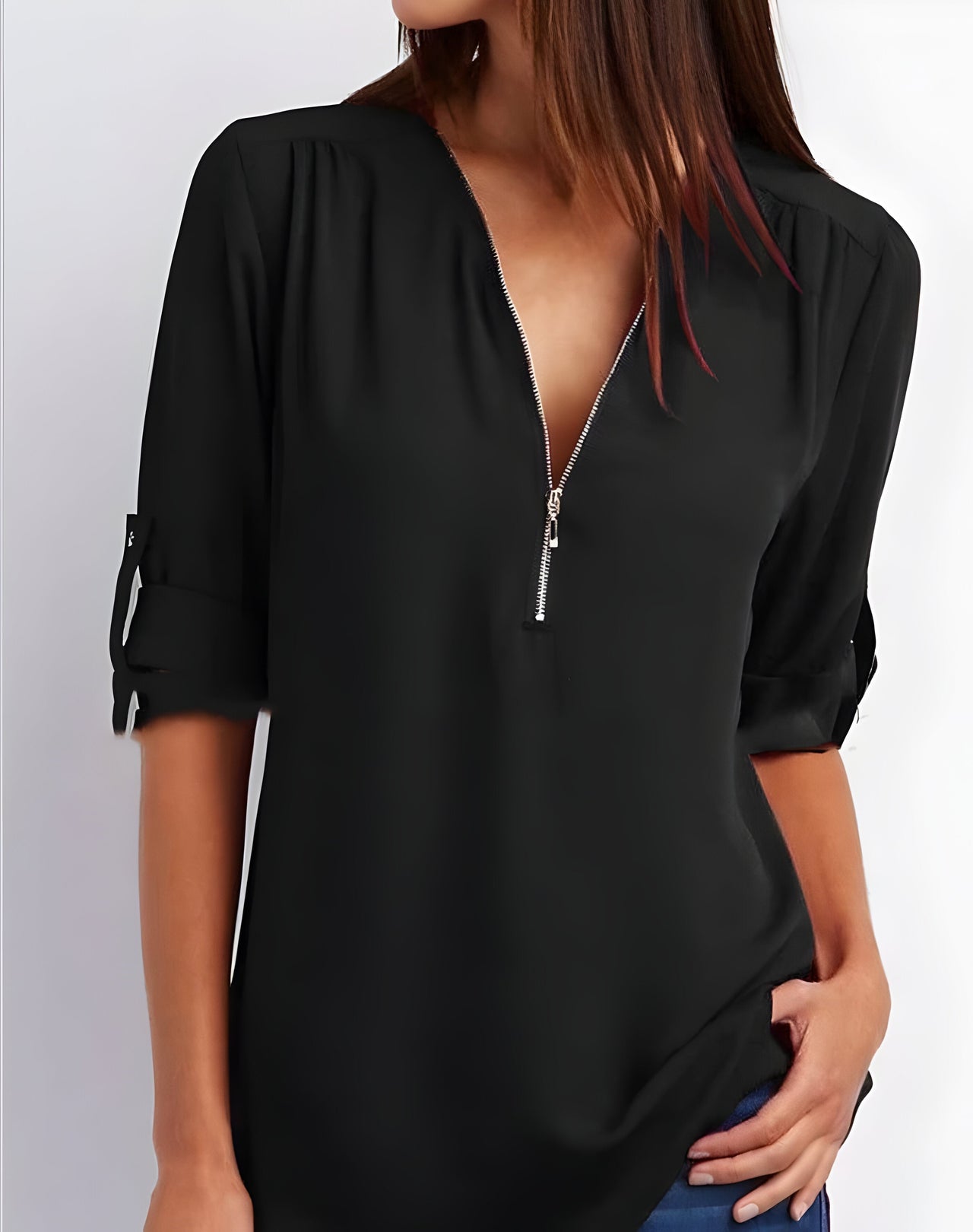 Dorelith Blouse | Structured Half-Zip Blouse with Short Sleeves and Modern Minimalist Fit