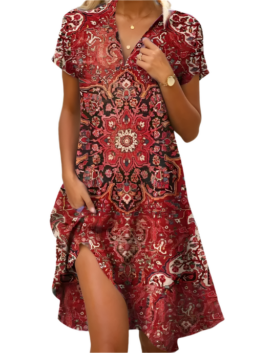 Beulah Dress | Vintage Floral Midi Dress for Women with V-Neckline and Short Sleeves