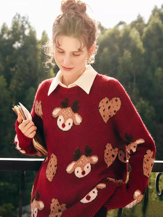 Janiyah Sweater | Retro Reindeer Jacquard Knit Sweater for Women