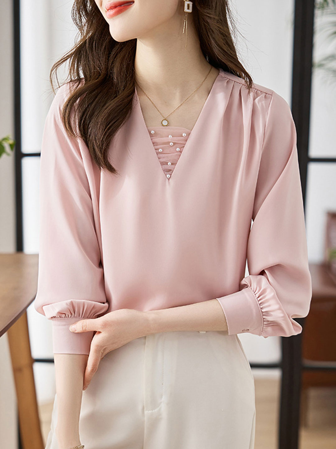 Jillian Blouse | Classic V-Neck Satin Blouse with Pearl Detail