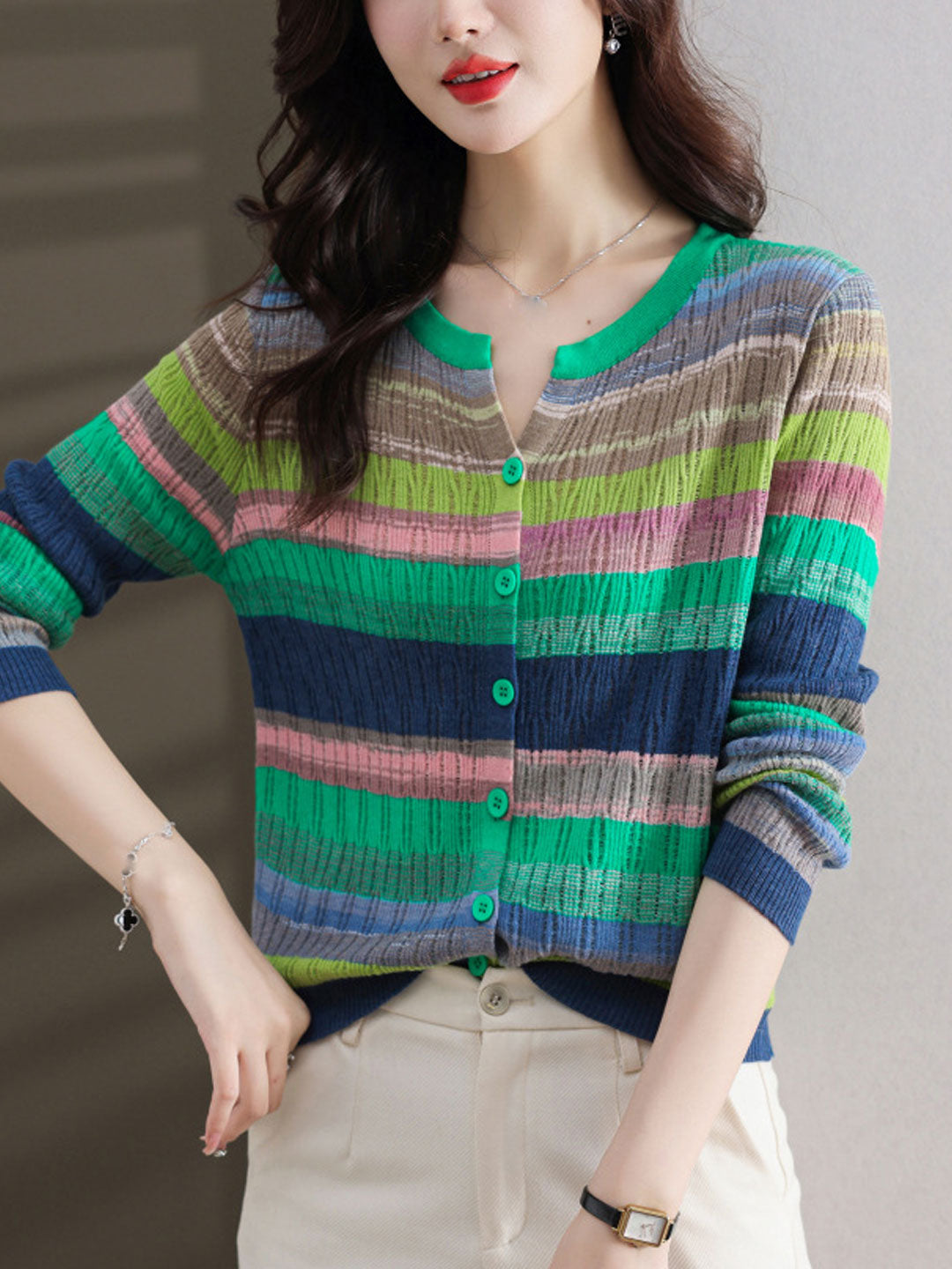 Jalene Women's Striped Knitted Cardigan | Classic Crew Neck Style