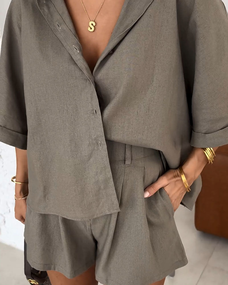 Dravelle Two-Piece Set | Relaxed Button-Up Shirt with Matching High-Waisted Shorts in Lightweight Fabric