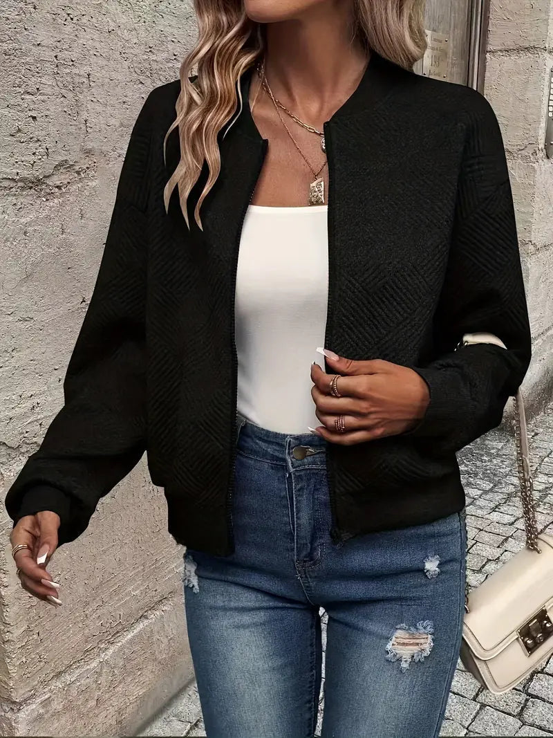 Qamar Cardigan | Women's Autumn Zip-Up Textured Cardigan with Ribbed Hem