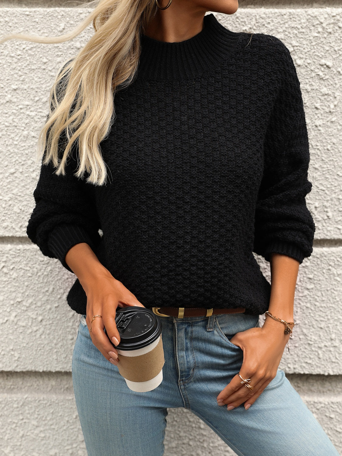 Fatiha Sweater | Mock Neck Long Sleeve Textured Sweater