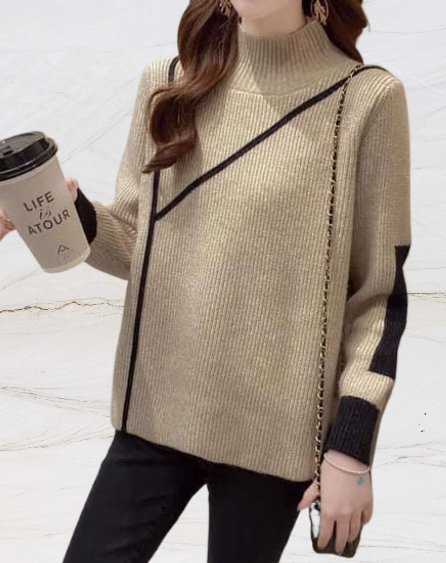 Felipa Sweater | Casual Two-Tone Turtleneck Knit Sweater