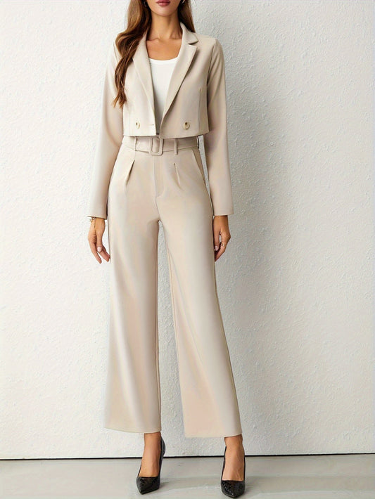 Alina Blazer and Trousers Set | Elegant Beige Lapel Blazer & Straight Leg Trousers