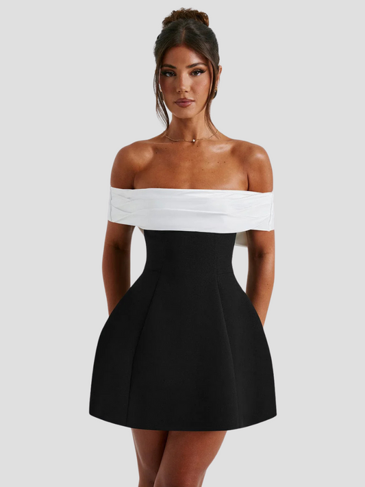 Cariva  Mini Dress | Off-Shoulder Black and White A-Line Cocktail Dress