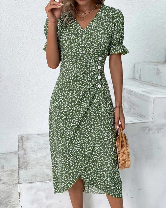 Caislyn Midi Dress | Floral Wrap-Style V-Neck Dress with Puff Sleeves