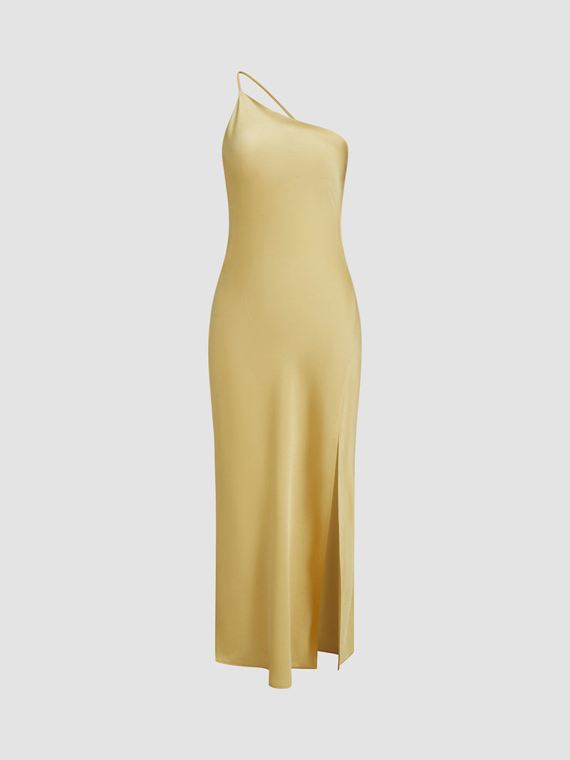 Ceralya Satin Dress | One-Shoulder Satin Slip Dress with Side Slit