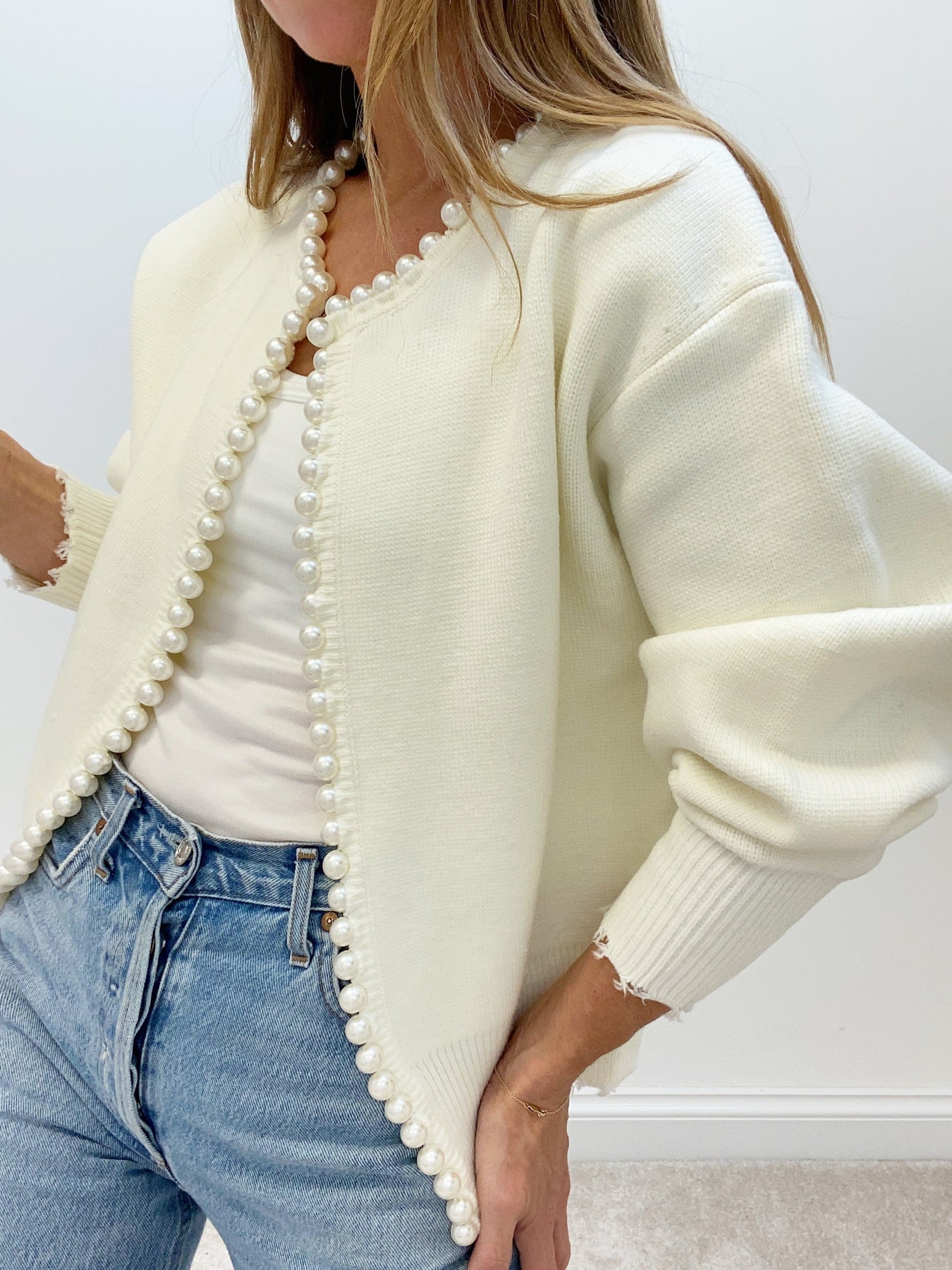 Dulcibella Cardigan | Casual Ripped Cardigan with Pearl Details