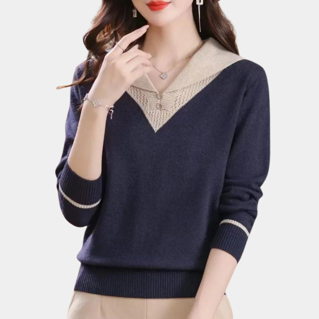 Jovie Sweater | Women's V-Neck Patchwork Knit Sweater