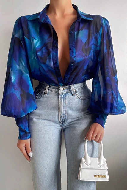 Dairenna Blouse | Leaf Print Sheer Button-Up Long Sleeve Blouse