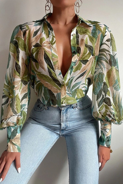 Dairenna Blouse | Leaf Print Sheer Button-Up Long Sleeve Blouse