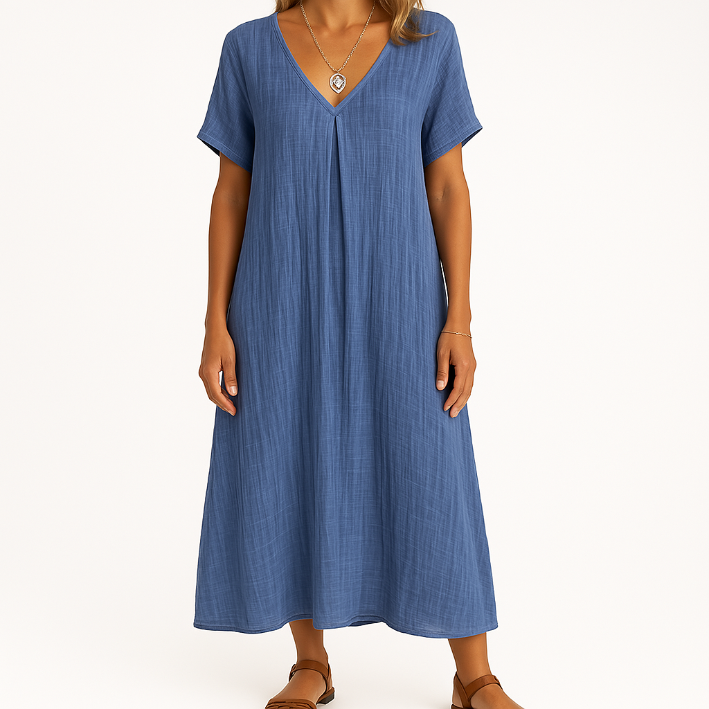 Frida Dress | Women’s V-Neck Cotton Blend Dress with Short Sleeves and Relaxed Fit