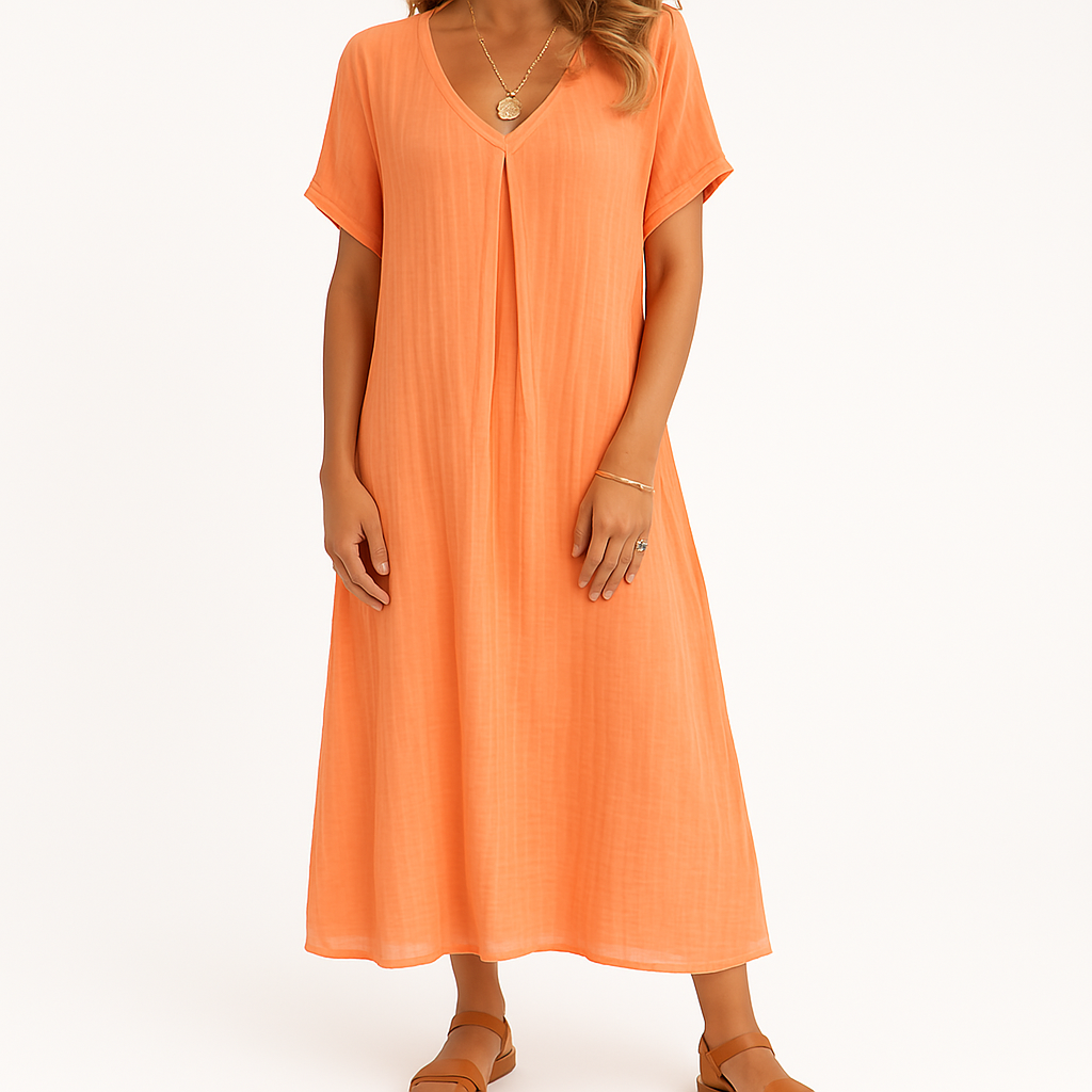 Frida Dress | Women’s V-Neck Cotton Blend Dress with Short Sleeves and Relaxed Fit