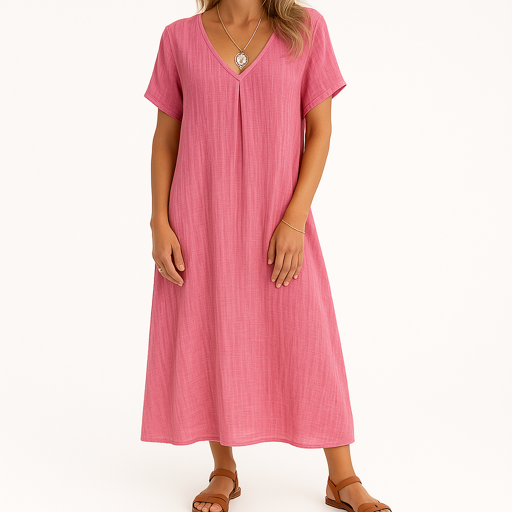 Frida Dress | Women’s V-Neck Cotton Blend Dress with Short Sleeves and Relaxed Fit